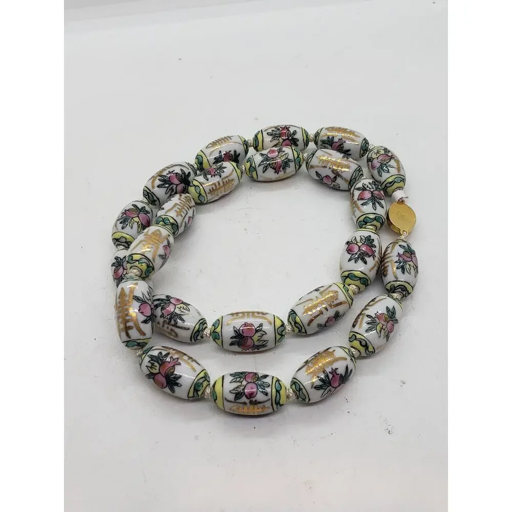 Vintage Chinese Import Porcelain Bead Necklace Hand Painted Gold Clasp Floral